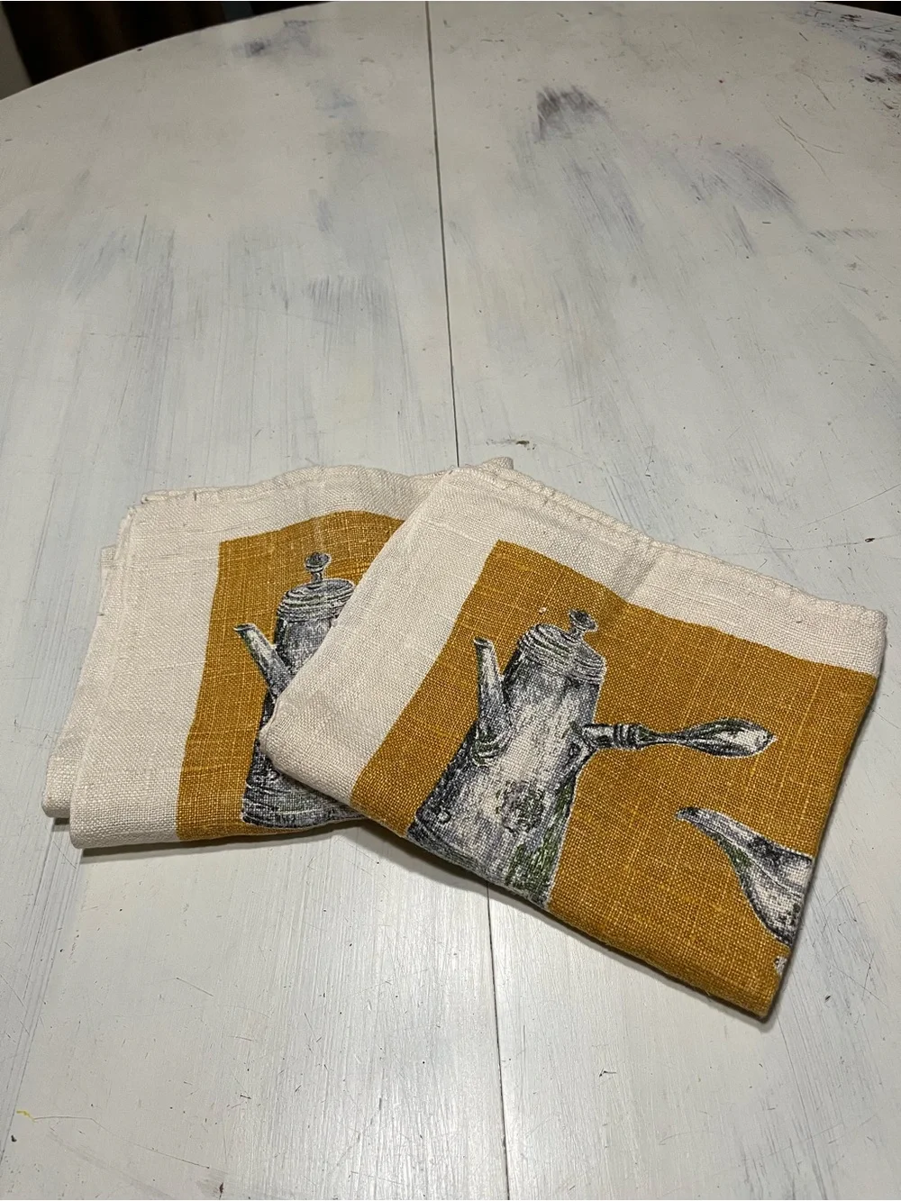 Vintage Kay Dee 100% Linen Hand Printed American Tradition Pewter Tea Towels